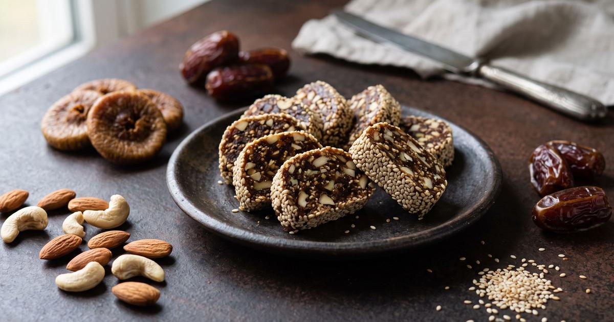Anjeer Khajur Roll, Fig and Date Nut Log
