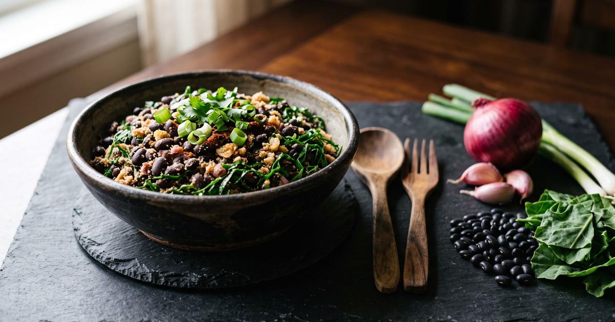 Feijão Tropeiro, Brazilian Beans with Toasted Meal and Collards
